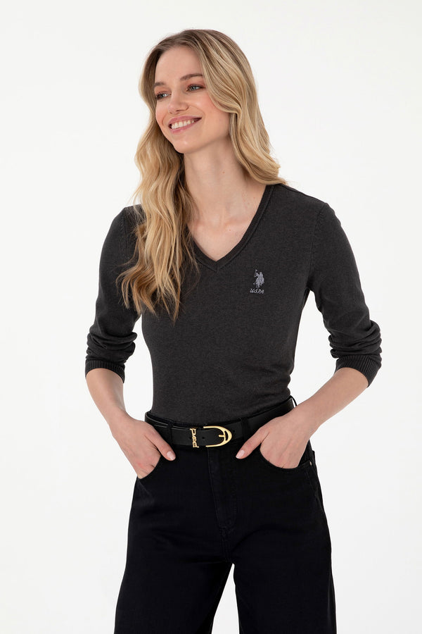 U.S. Polo Assn. tamnosivi ženski džemper s V izrezom i vezom logotipa
