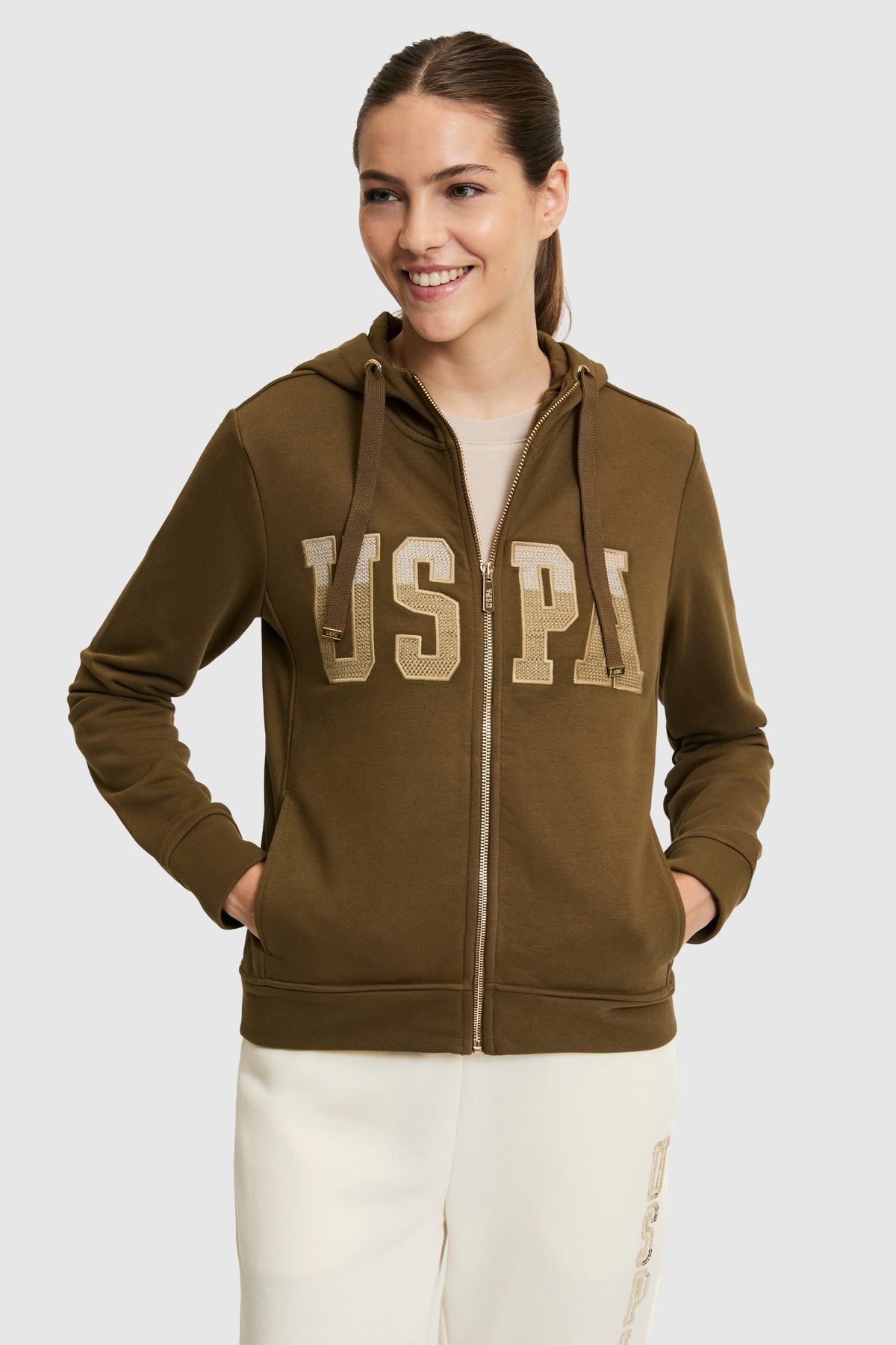 U.S. Polo Assn. khaki ženska majica dugih rukava s kapuljačom, rajsferšlusom i zlatnim logotipom