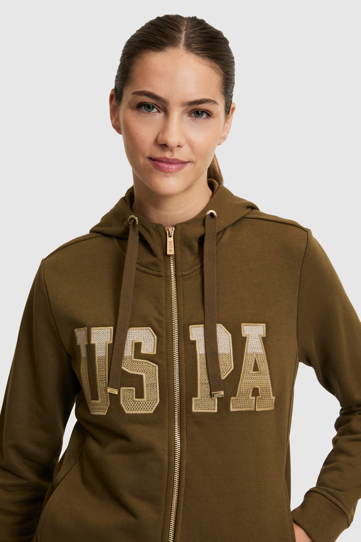 U.S. Polo Assn. khaki ženska majica dugih rukava s kapuljačom, rajsferšlusom i zlatnim logotipom