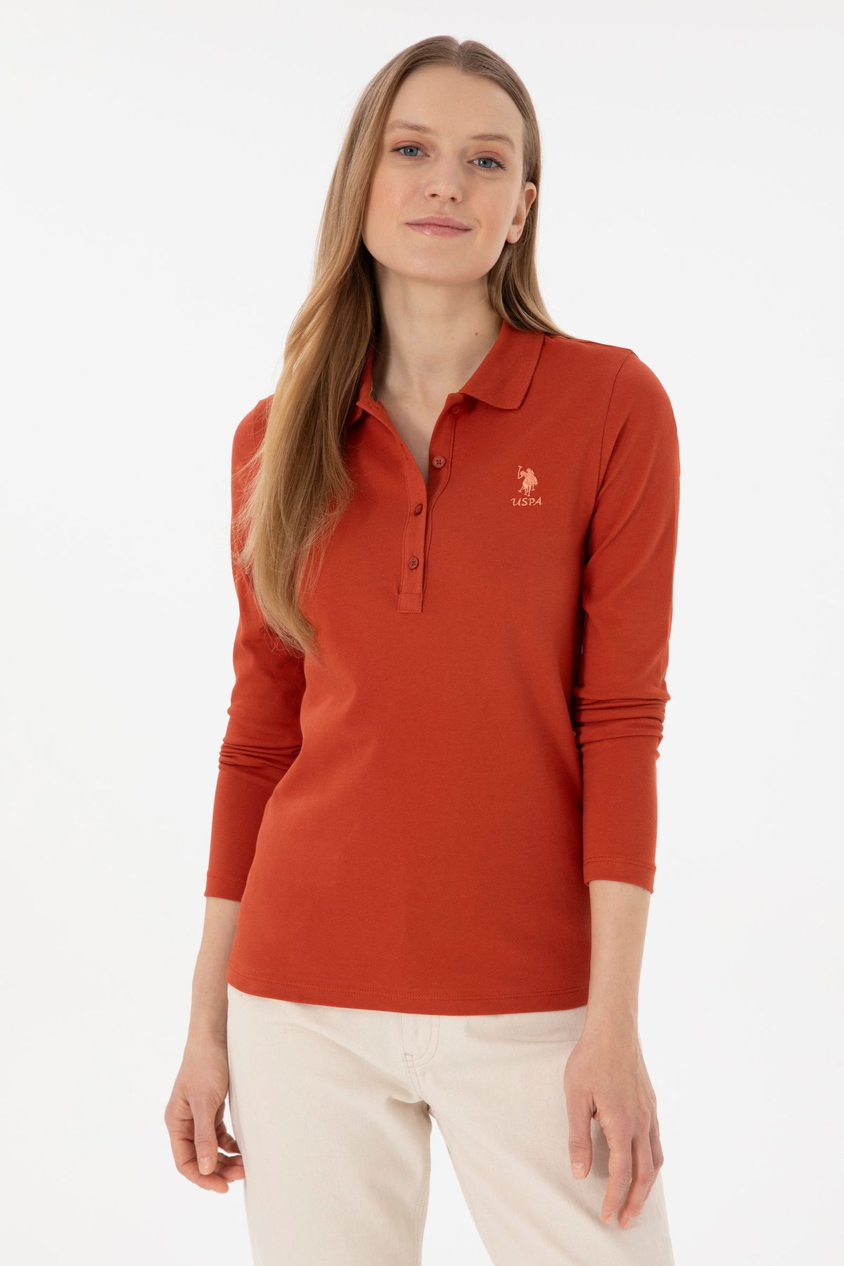 U.S. Polo Assn. ciglasto crvena ženska majica dugih rukava s polo kragnom