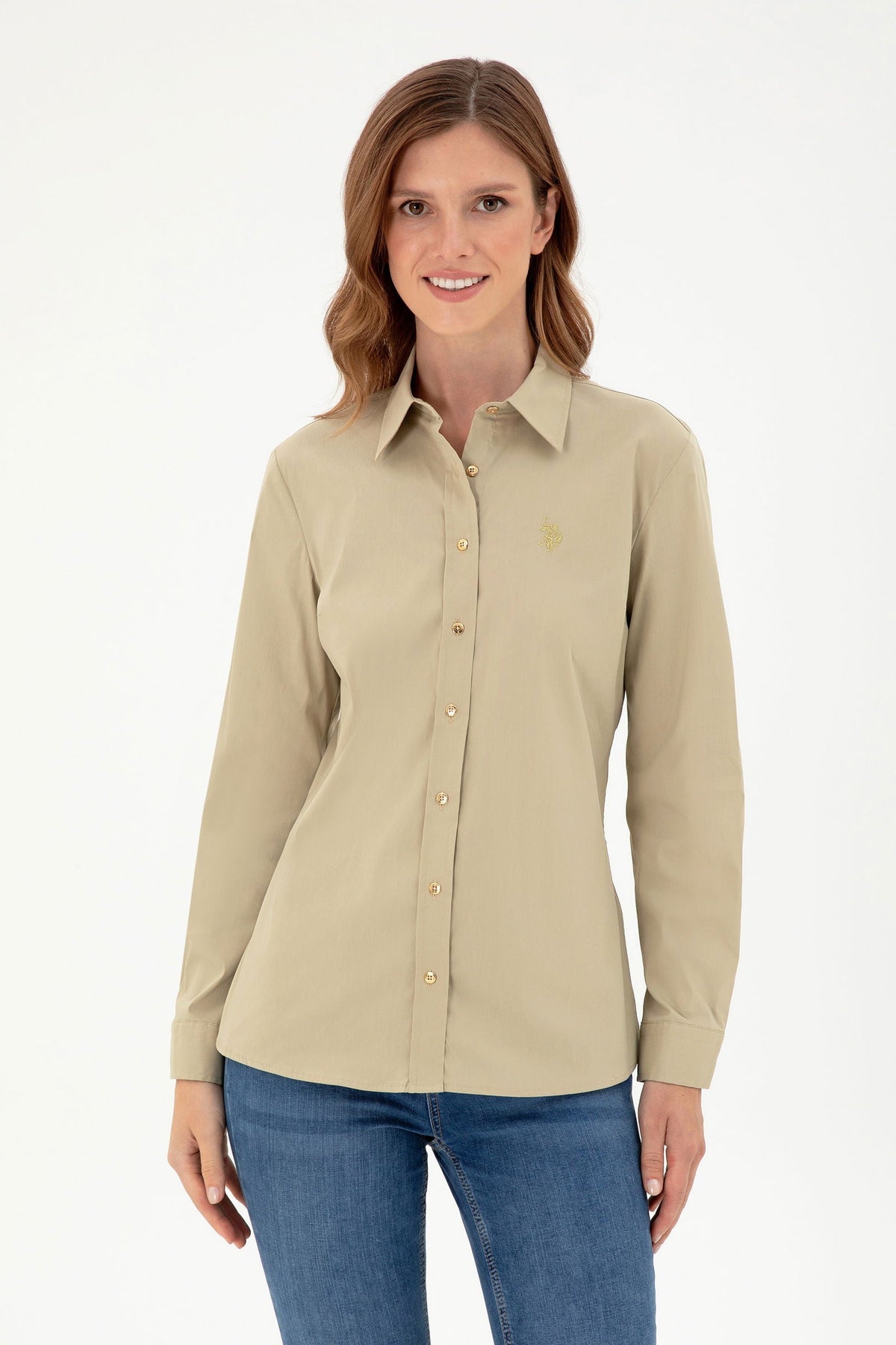 U.S. Polo Assn. khaki ženska košulja sa zlatnim dugmadima