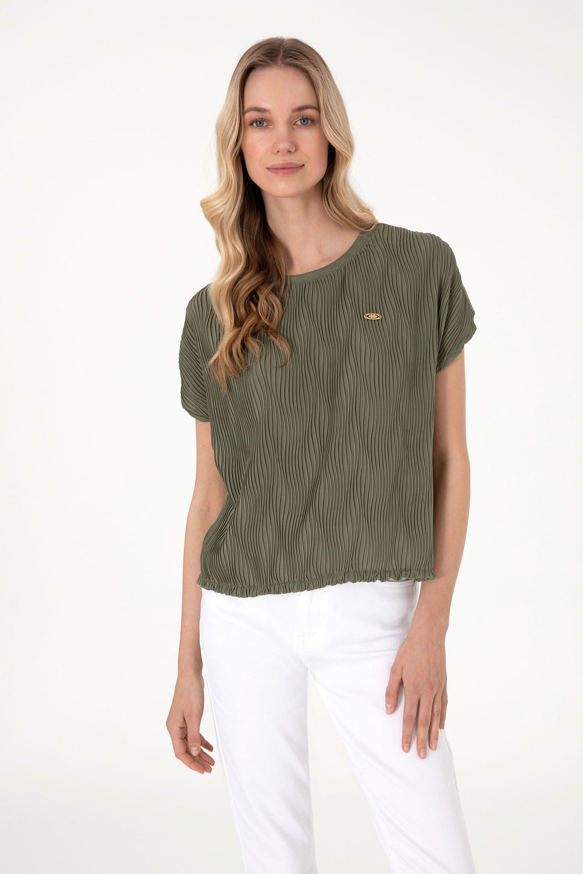 U.S. Polo Assn. khaki ženska majica naborane teksture s elastičnim rubom