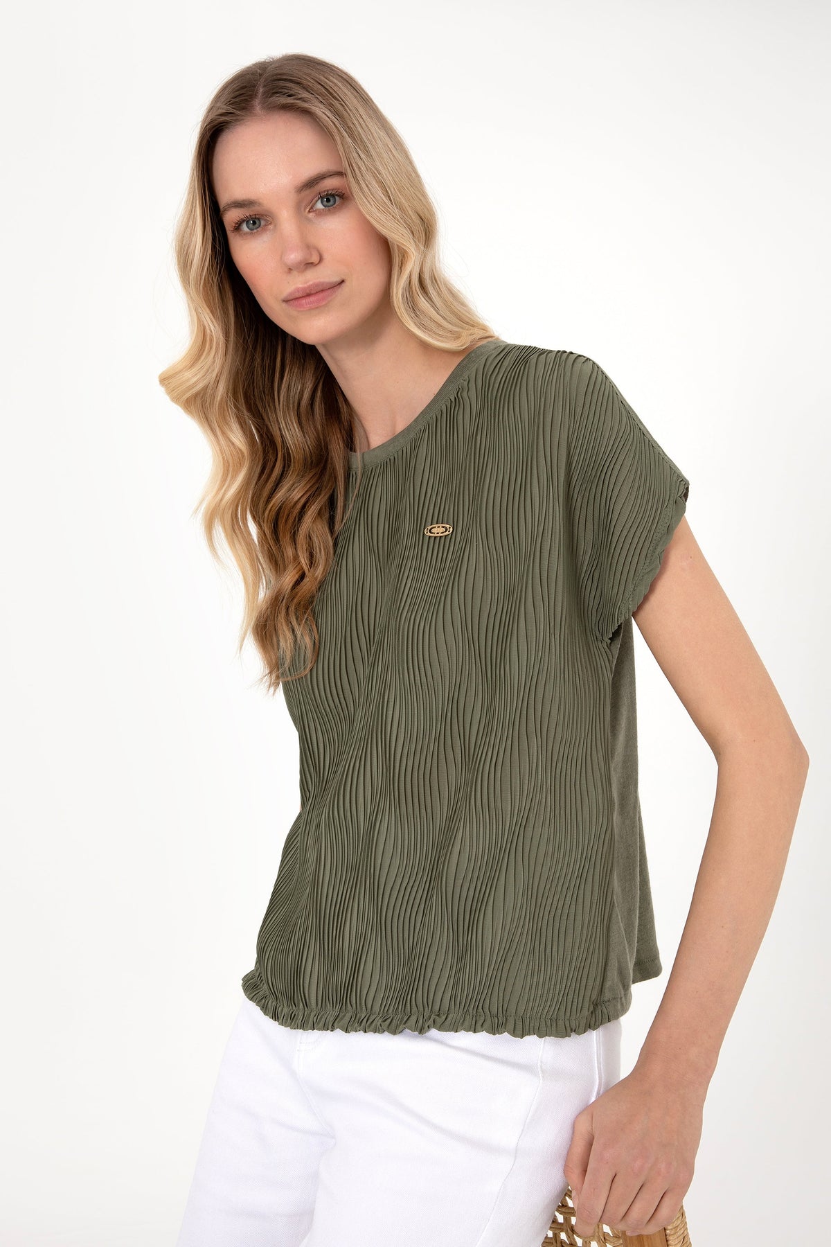 U.S. Polo Assn. khaki ženska majica naborane teksture s elastičnim rubom