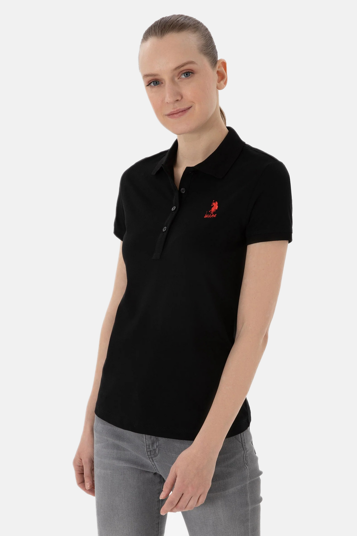 U.S. Polo Assn. crna ženska polo majica kratkih rukava sa crvenim logom