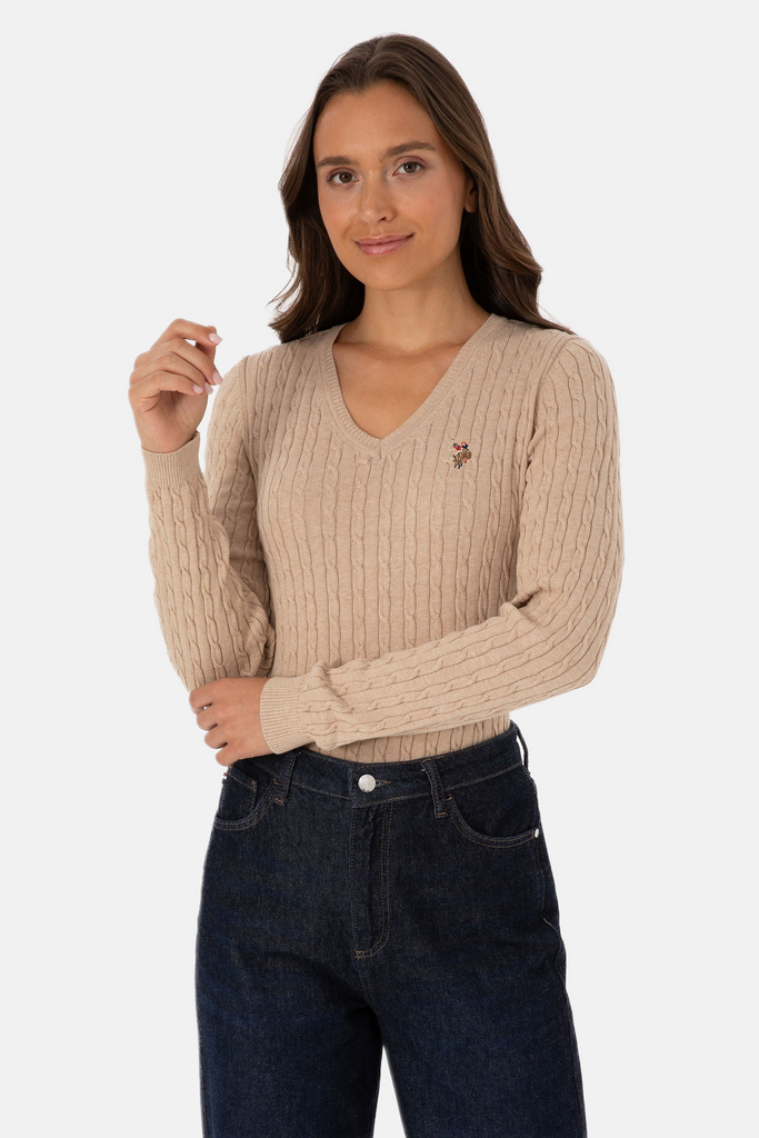 U.S. Polo Assn. bež ženski džemper na V izrez-[SKU]