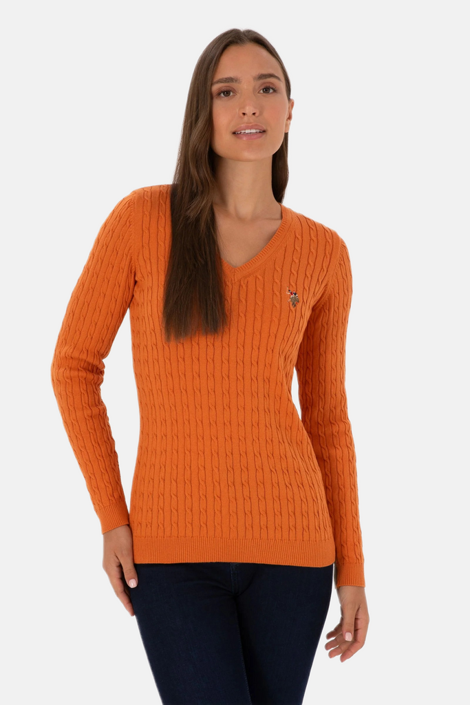 U.S. Polo Assn. narandžasti ženski džemper na V izrez-[SKU]