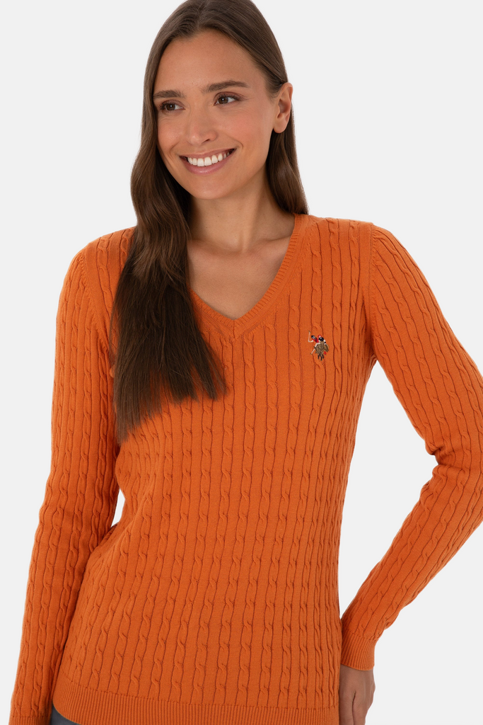 U.S. Polo Assn. narandžasti ženski džemper na V izrez-[SKU]