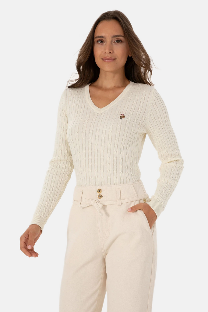 U.S. Polo Assn. bijeli ženski džemper na V izrez-[SKU]
