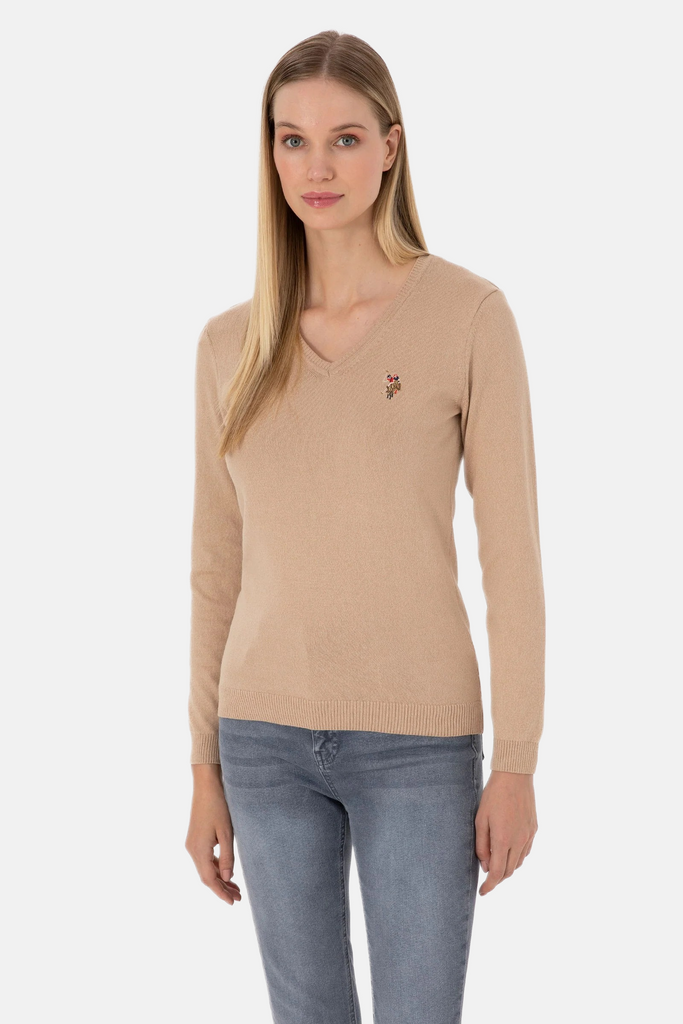 U.S. Polo Assn. bež ženski džemper na V izrez-[SKU]
