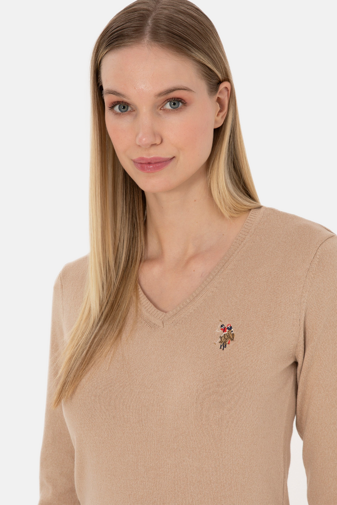 U.S. Polo Assn. bež ženski džemper na V izrez-[SKU]