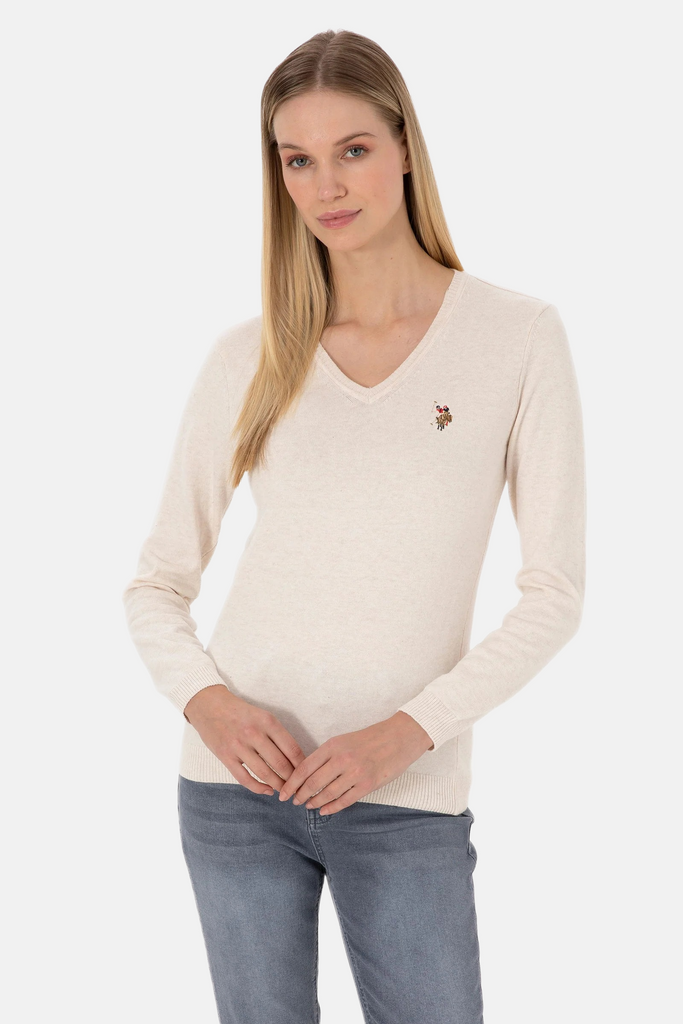 U.S. Polo Assn. bež ženski džemper na V izrez-[SKU]