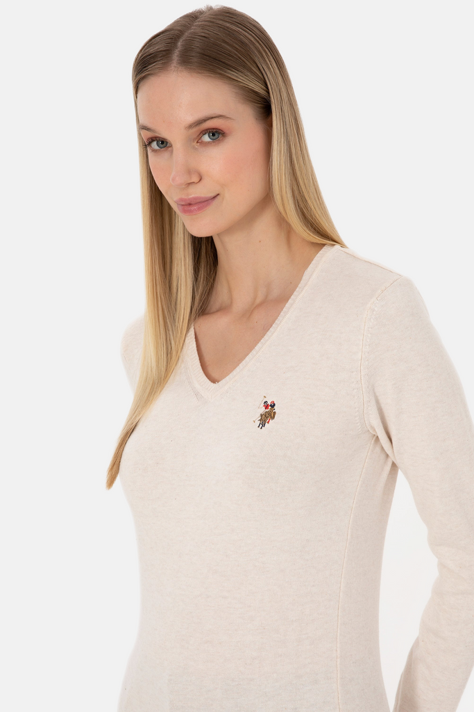 U.S. Polo Assn. bež ženski džemper na V izrez-[SKU]
