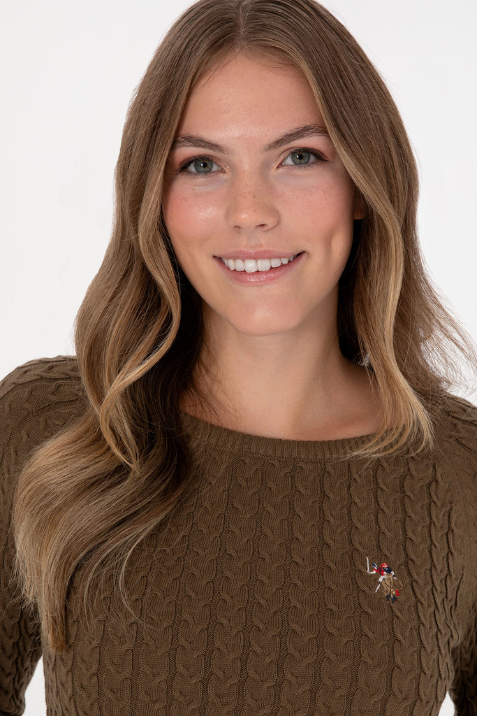 U.S. Polo Assn. khaki ženski džemper okrugli izrez-[SKU]