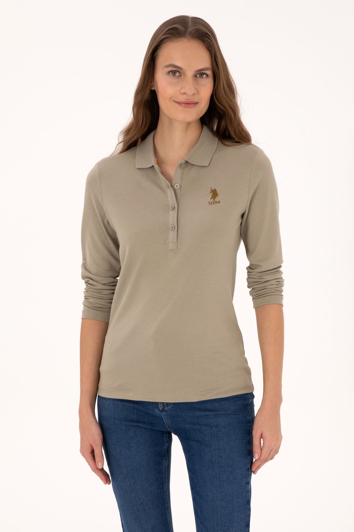 U.S. Polo Assn. khaki ženska majica dugih rukava s polo kragnom i malim logotipom