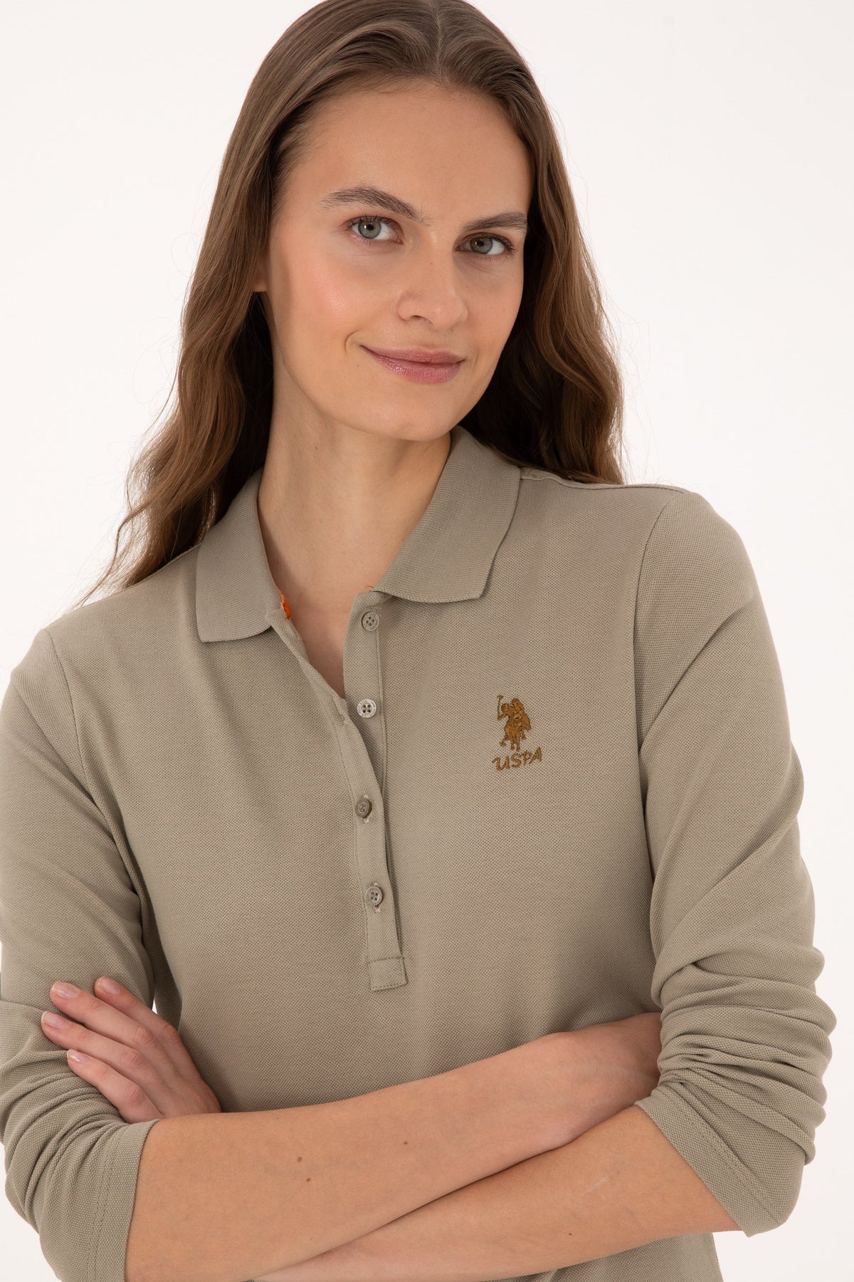 U.S. Polo Assn. khaki ženska majica dugih rukava s polo kragnom i malim logotipom