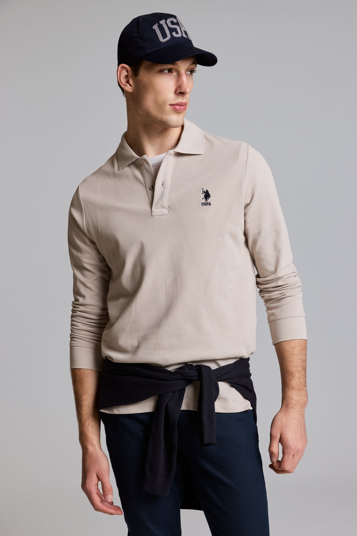 U.S. Polo Assn. bež muška polo majica dugih rukava s teget logom