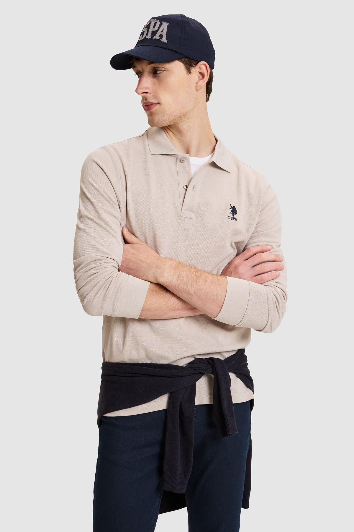 U.S. Polo Assn. bež muška polo majica dugih rukava s teget logom