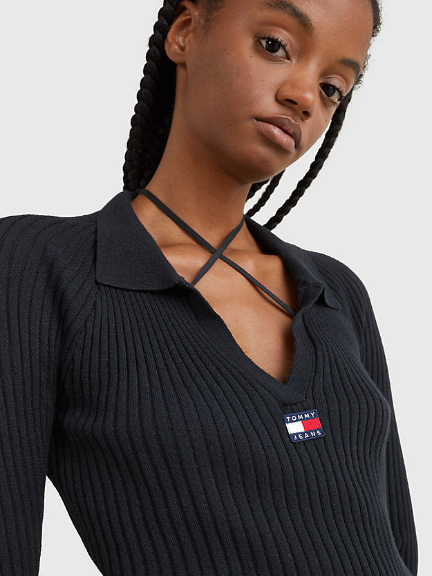 Tommy Hilfiger crna ženska haljina s rebrastim uzorkom-[SKU]