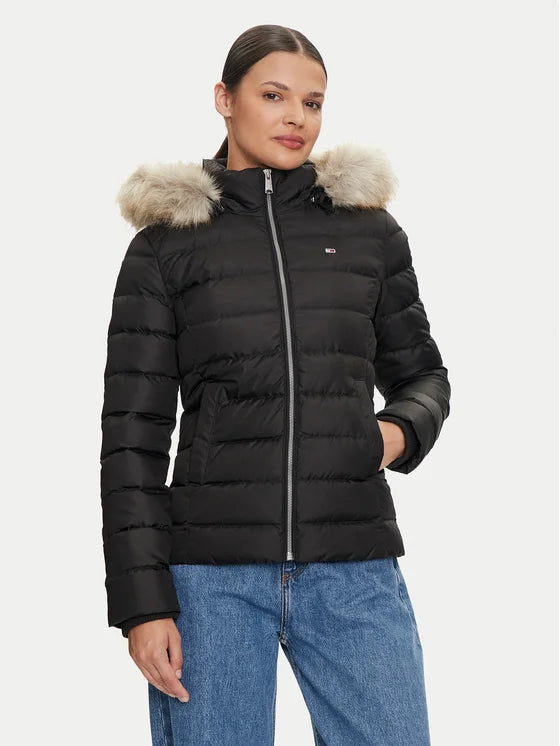 Tommy Hilfiger crna ženska jakna s krznenom kapuljačom-[SKU]