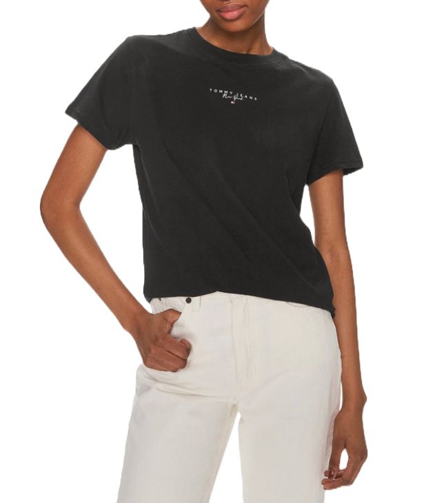 Tommy Hilfiger crna ženska majica s elegantnim detaljem-[SKU]