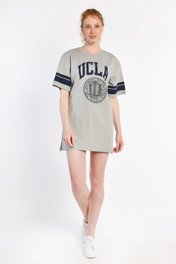 UCLA siva ženska haljina oversize majica kroja s UCLA printom i prugama na rukavima