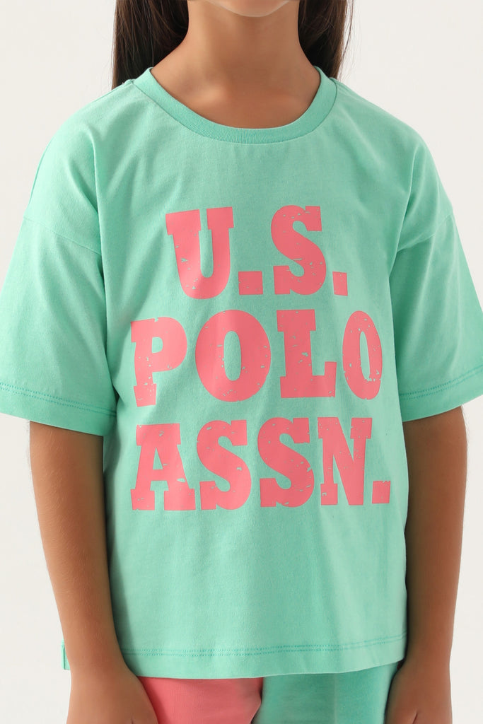 U.S. Polo Assn. zeleni komplet za djevojčice s rozim hlačicama-[SKU]