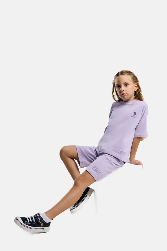 U.S. Polo Assn. ljubičasti komplet za djevojčice s kratkim rukavima i šorcem-[SKU]