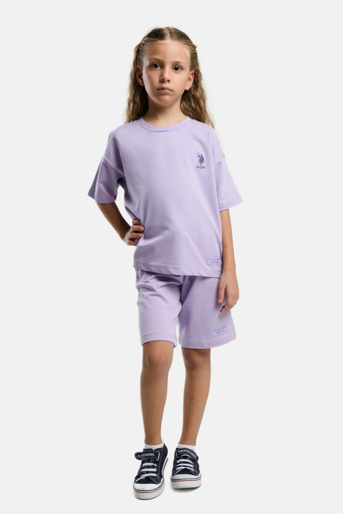 U.S. Polo Assn. ljubičasti komplet za djevojčice s kratkim rukavima i šorcem-[SKU]