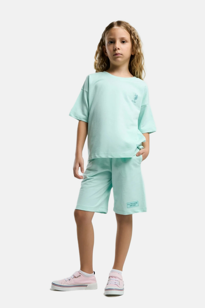 U.S. Polo Assn. zeleni komplet za djevojčice s kratkim rukavima i šorcem-[SKU]