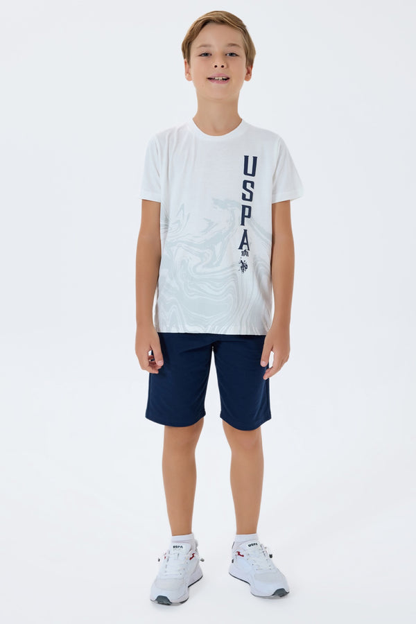 U.S. Polo Assn. bijeli komplet majice s okomitim USPA printom i teget šorca za dječake