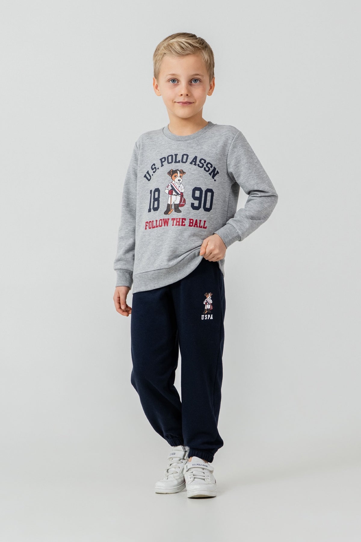 U.S. Polo Assn. sivi melanž komplet trenerke za dječake s printom medvjedića
