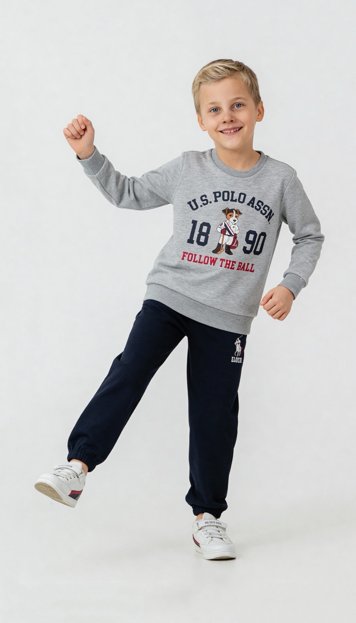 U.S. Polo Assn. sivi melanž komplet trenerke za dječake s printom medvjedića