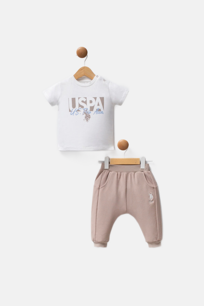 U.S. Polo Assn. bež kombinezon za bebe s kapuljačom i hlačicama-[SKU]
