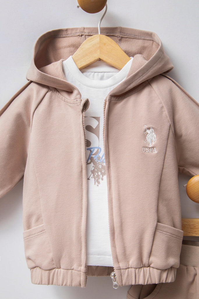 U.S. Polo Assn. bež kombinezon za bebe s kapuljačom i hlačicama-[SKU]