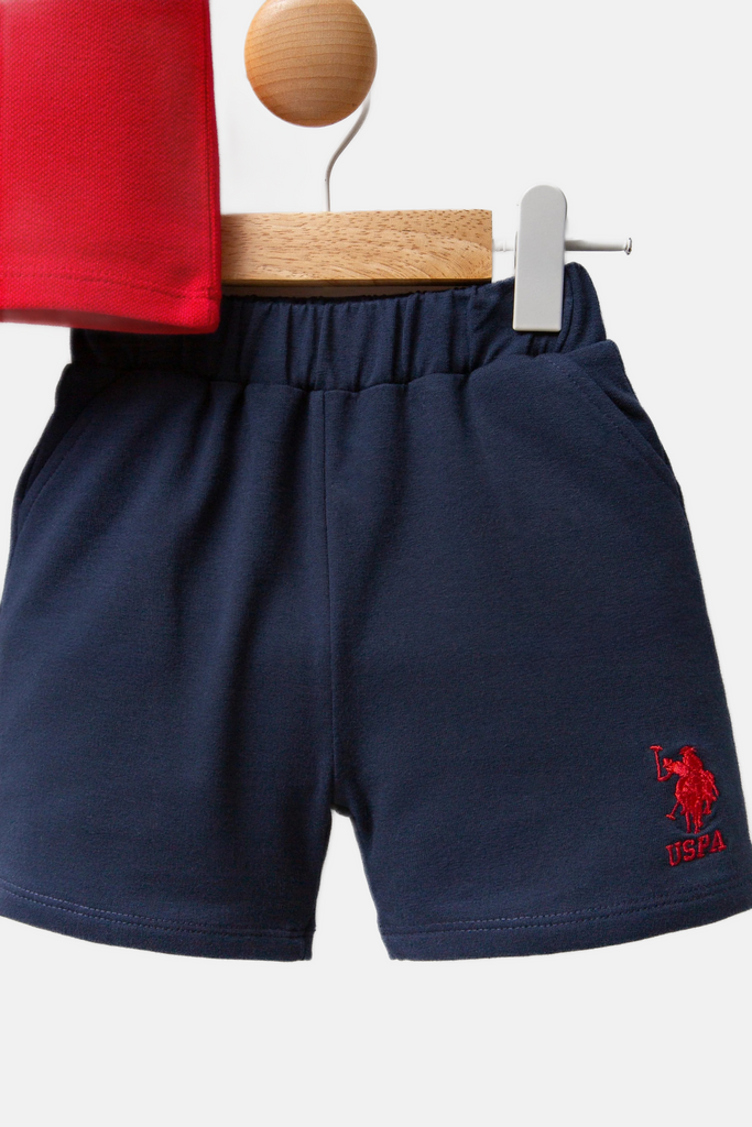 U.S. Polo Assn. crveni komplet za bebe s kratkim rukavima i šorcem u tamnoplavoj boji-[SKU]