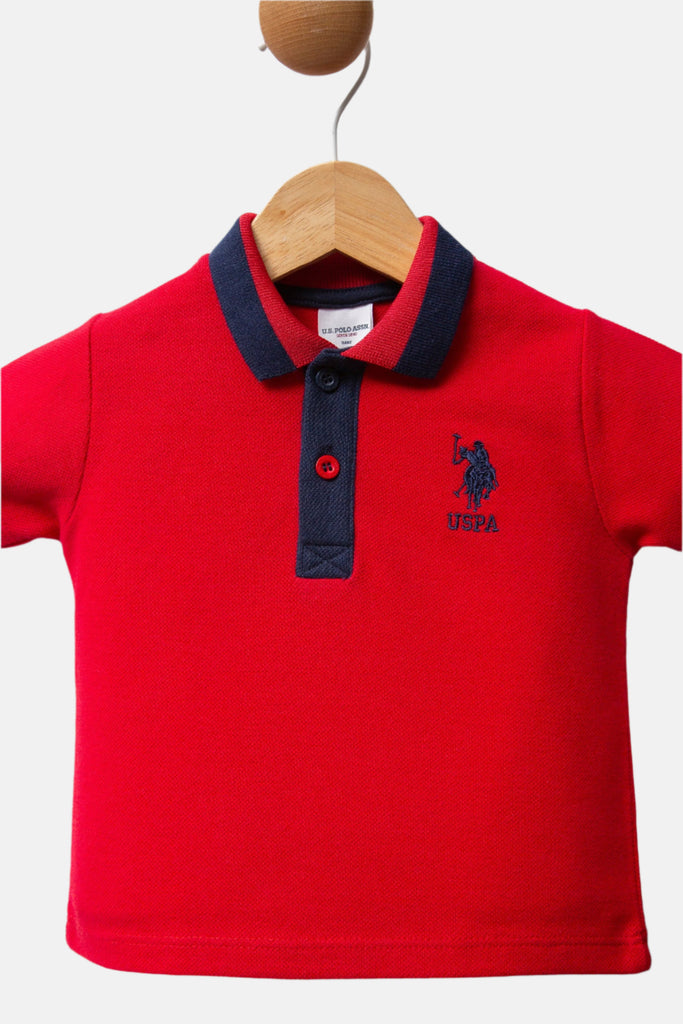 U.S. Polo Assn. crveni komplet za bebe s kratkim rukavima i šorcem u tamnoplavoj boji-[SKU]