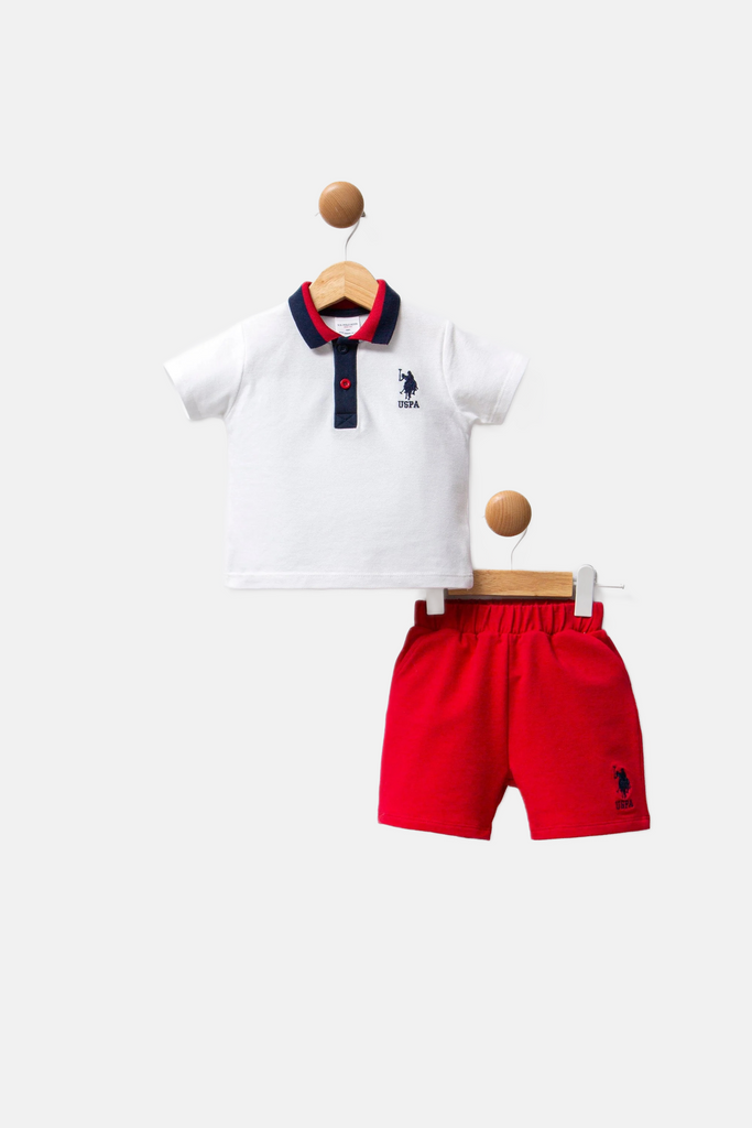 U.S. Polo Assn. bijeli komplet za bebe s crvenim šorcem i majicom s kragnom-[SKU]