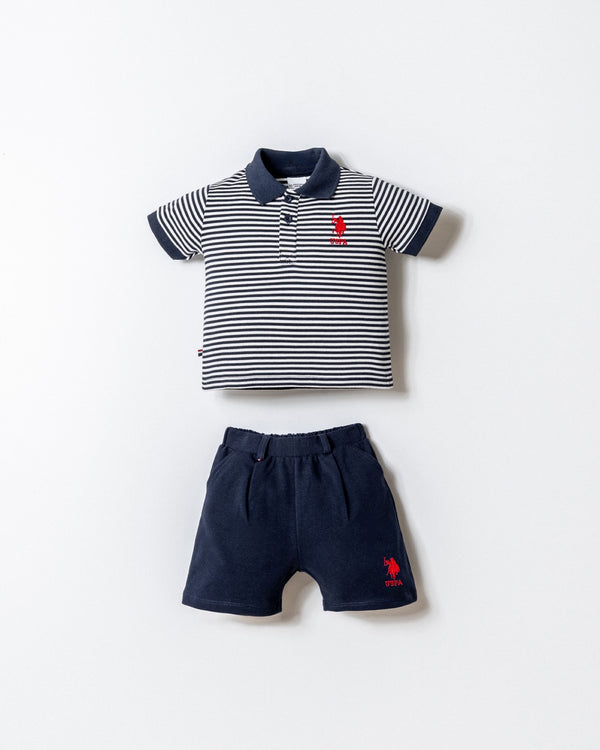 U.S. Polo Assn. bijelo-teget komplet prugaste polo majice i teget šorca za bebe