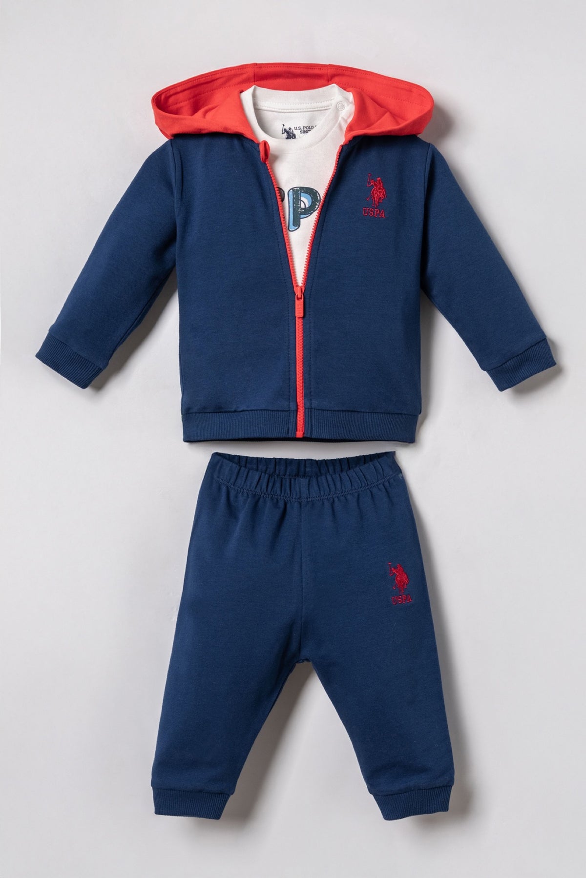 U.S. Polo Assn. teget komplet trenerke za bebe od 3 dijela s crvenom postavom kapuljače