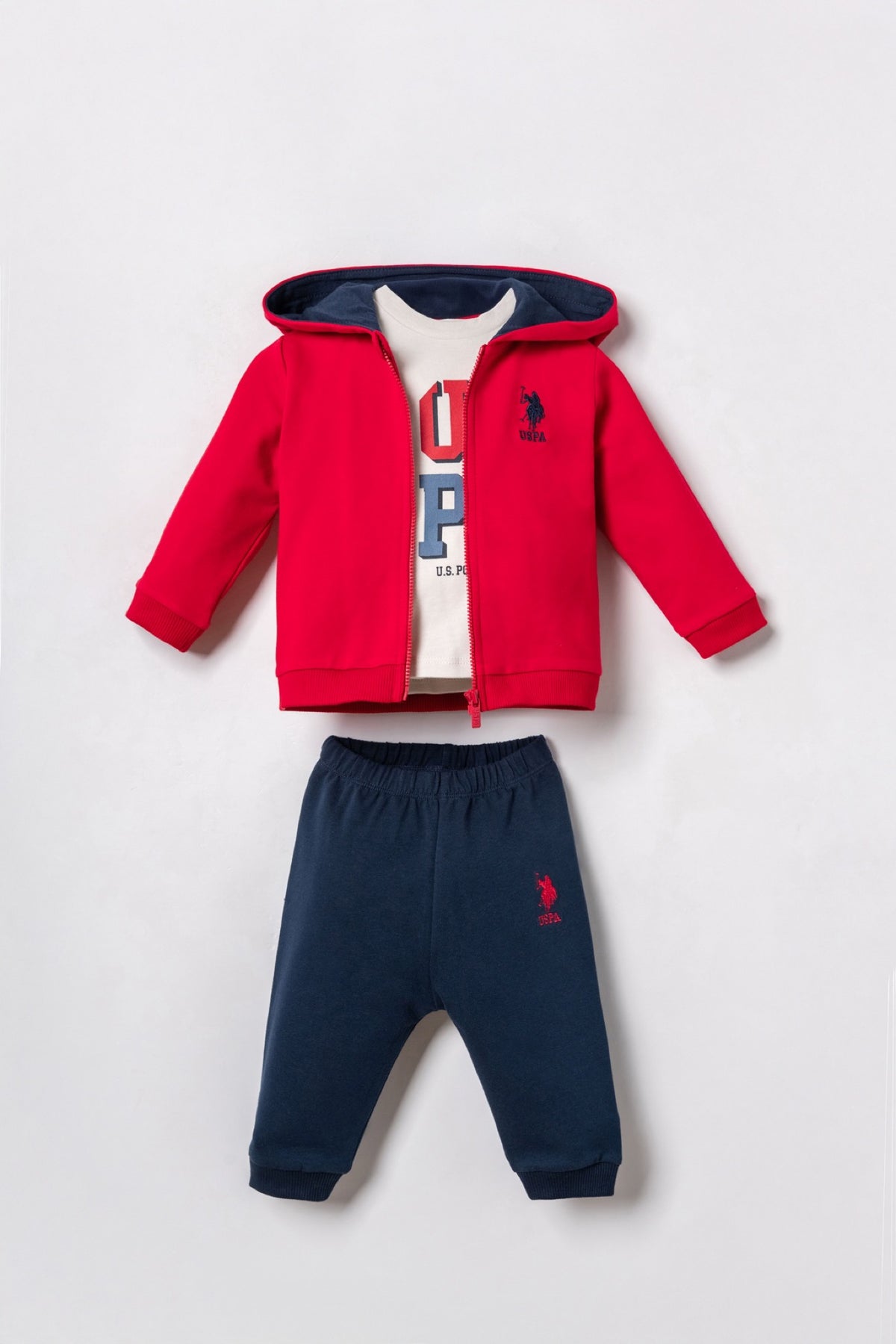 U.S. Polo Assn. crveni komplet trenerke za bebe od 3 dijela s teget hlačama