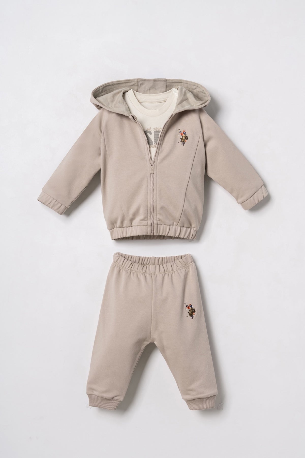 U.S. Polo Assn. bež komplet trenerke za bebe od 3 dijela s kapuljačom