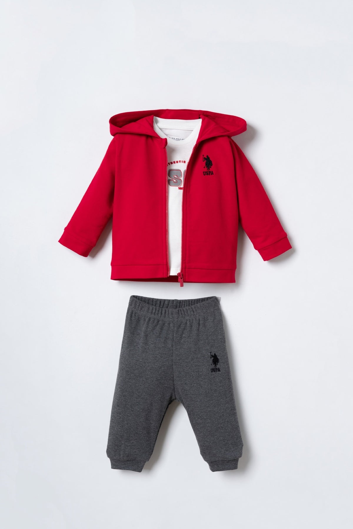 U.S. Polo Assn. crveni komplet trenerke za bebe od 3 dijela s kapuljačom