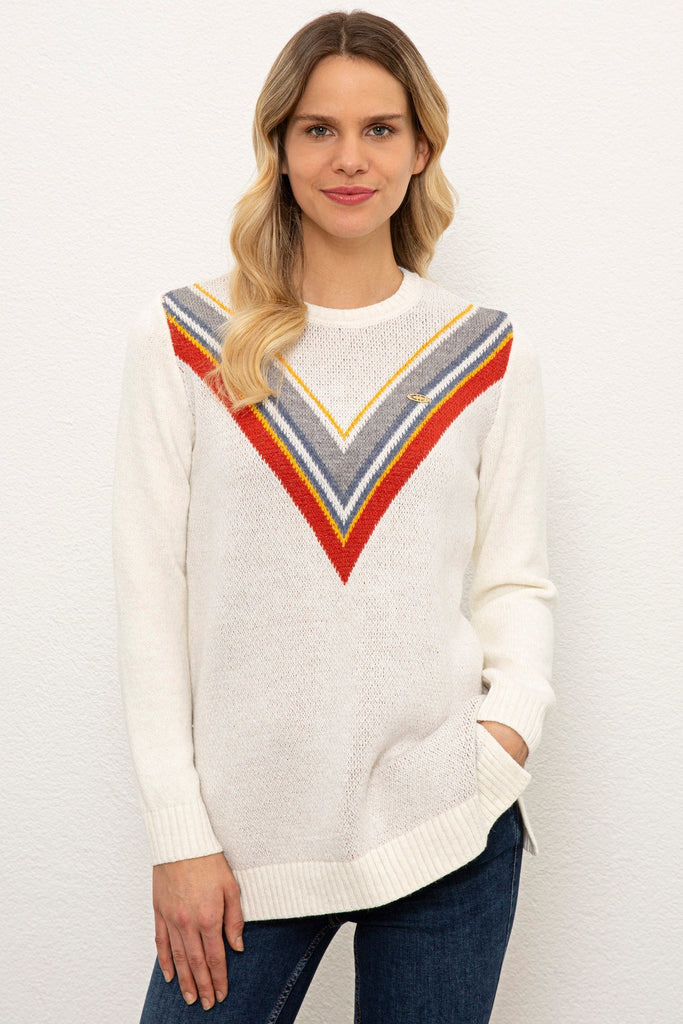 U.S. Polo Assn. bijeli ženski džemper s V-uzorkom u boji