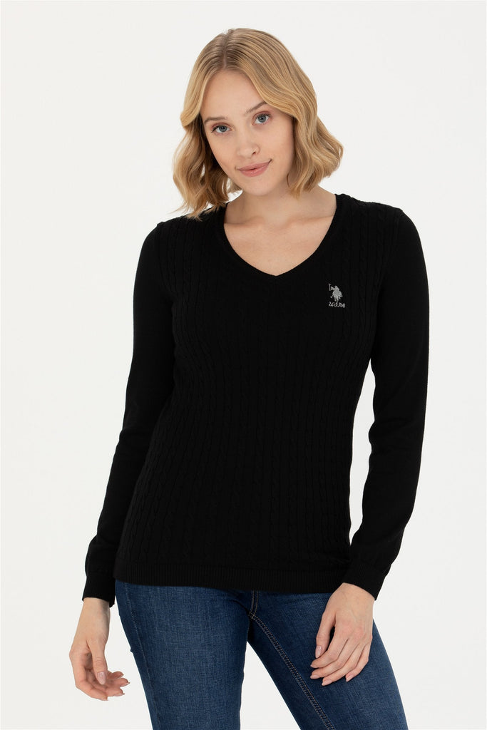 U.S. Polo Assn. crni ženski džemper s pletenim uzorkom