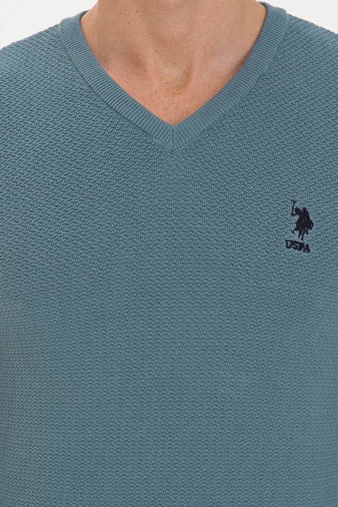 U.S. Polo Assn. plavi muški džemper s V-izrezom-[SKU]