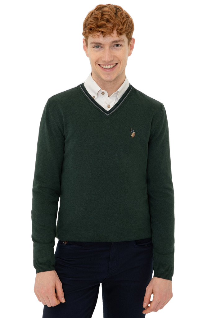 U.S. Polo Assn. zeleni muški džemper s V-izrezom-[SKU]