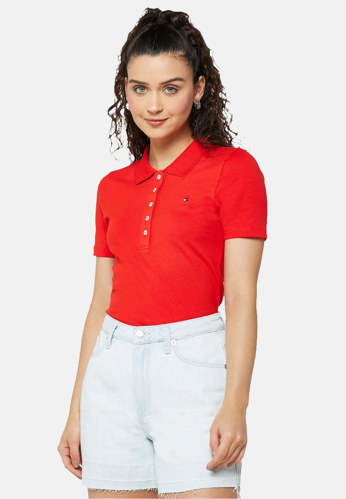 Tommy Hilfiger crvena ženska polo majica sa dugmićima-[SKU]