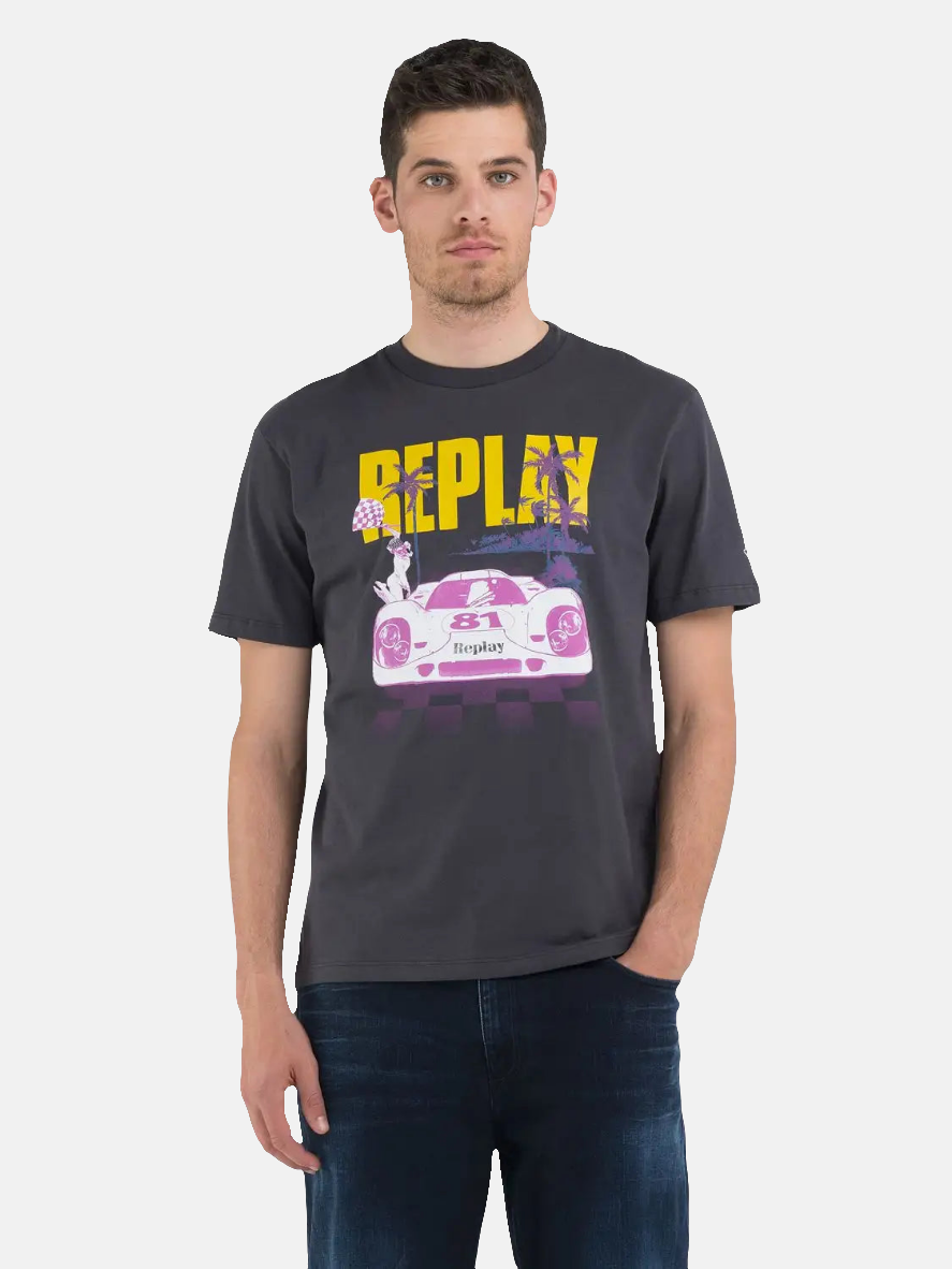 Replay crna muška majica s printom retro automobila