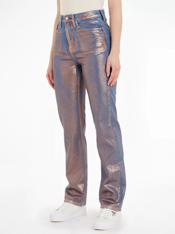 Calvin Klein bakreno plave ženske farmerke ravnog kroja s metalik premazom