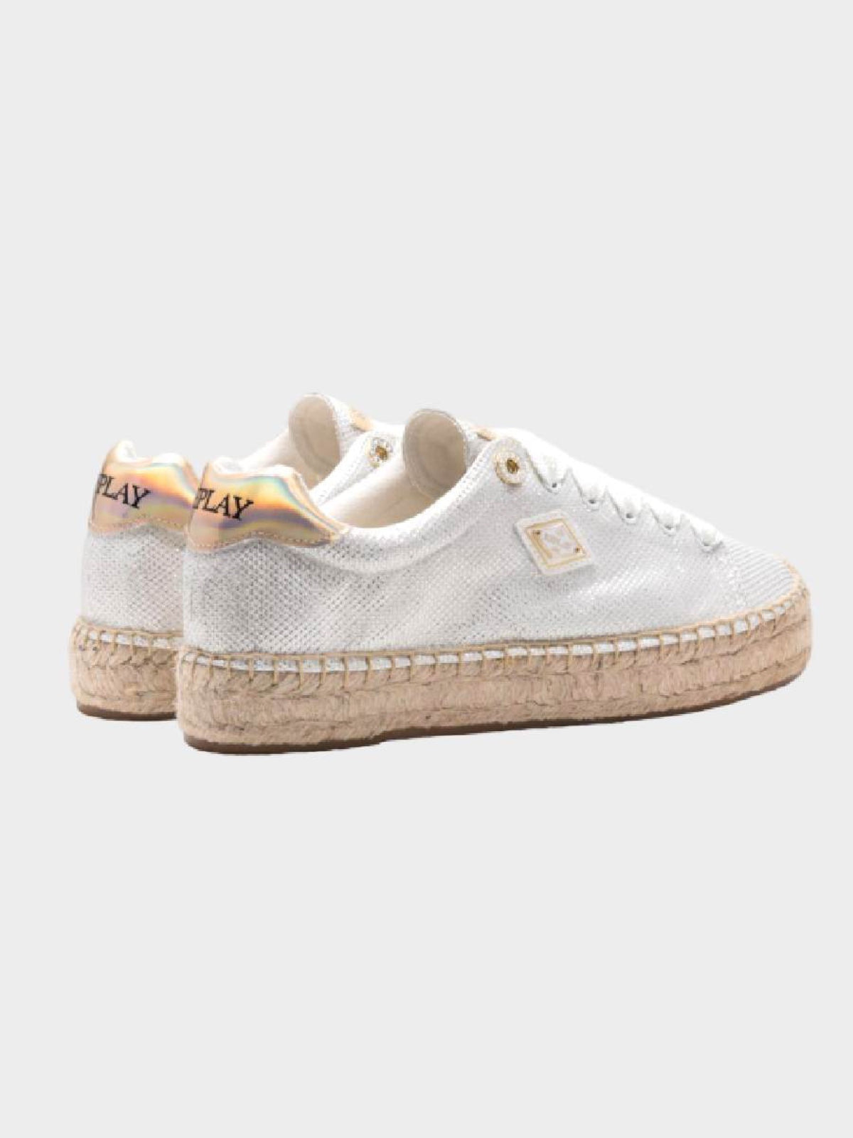 Replay bijele ženske espadrile s metalik teksturom i jutenim đonom
